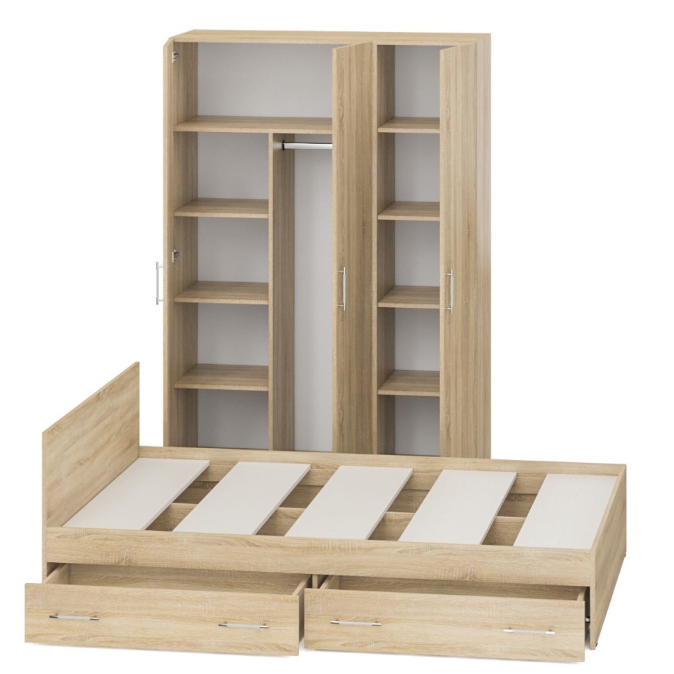 Спальня Стандарт 1-1400Я, цвет дуб сонома, ШхГхВ 143,5х203,5х70 + 135х52х200 см., сп.м. 1400х2000 мм., без матраса, основание есть