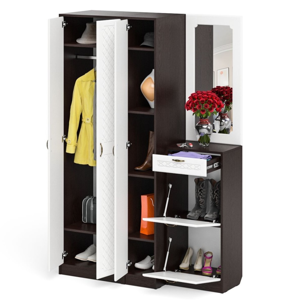 Прихожая П-6 Компоновка № 49, цвет венге/фасады МДФ белое дерево фрезеровка ромб, ШхГхВ 140х50х210 см., универсальная сборка