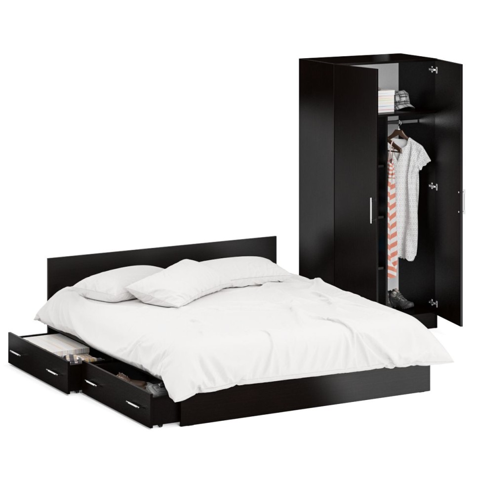 Кровать с ящиками 1800 + Шкаф 2-х створчатый Стандарт, цвет венге, ШхГхВ 183,5х203,5х70 + 90х52х200 см., сп.м. 1800х2000 мм., б/м, основание есть