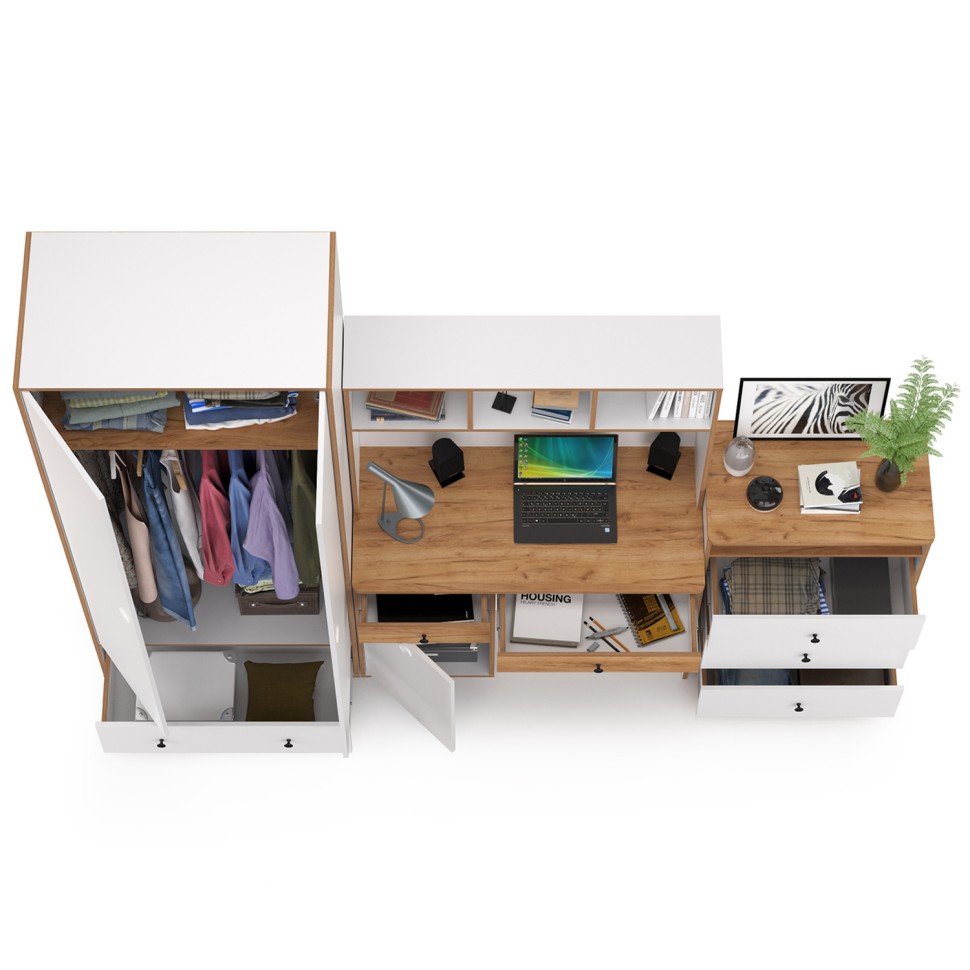 Вуди Компоновка № 51, цвет белый премиум/дуб крафт золотой, ШхГхВ 266х52,7х180,3 см., универсальная сборка