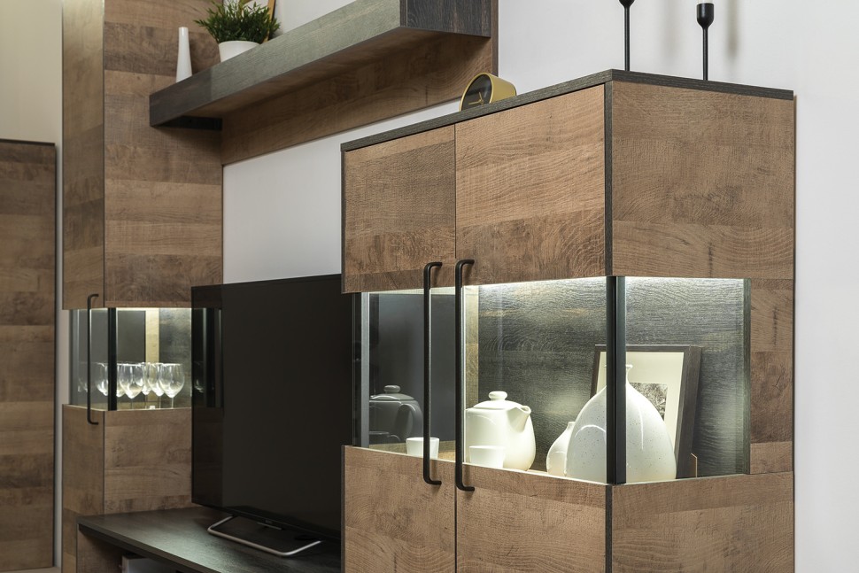 Трувор Гостиная 140, цвет дуб гранж песочный/интра, ШхГхВ 280,4х45,4х210 см. + 70х45х46 см., универсальная сборка