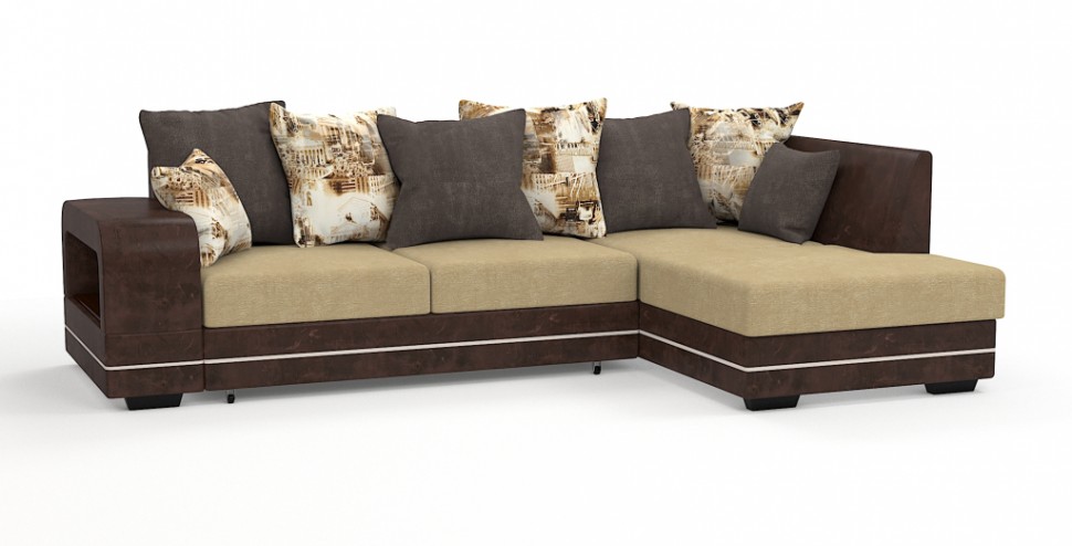 Диван угловой Дубай Люкс экокожа коричневый + велюр бежевый/коричневый + город