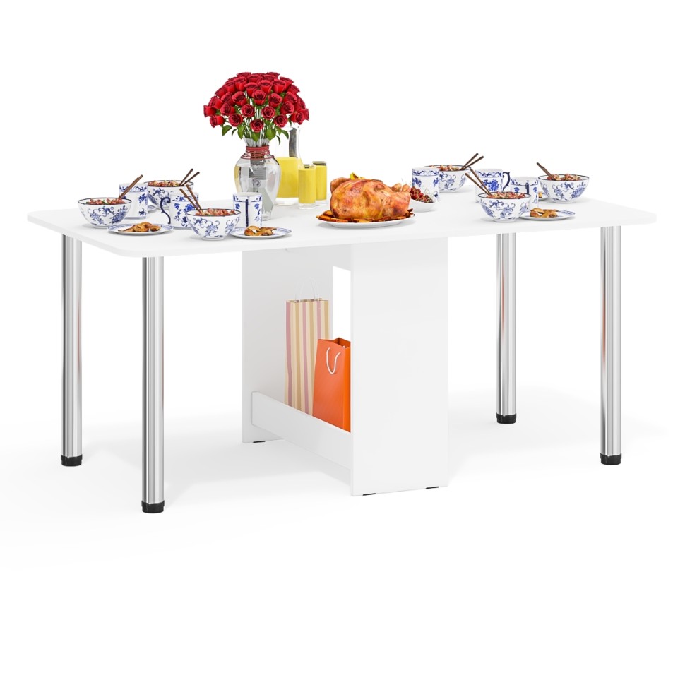 Стол-книжка обеденный МД-СО-04, цвет белый шагрень/ножки хром, ШхГхВ 170х90х74 см., 34х90х74 см. сложенный (Мебельный Двор)