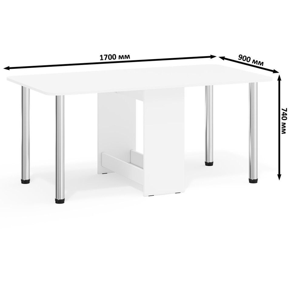 Стол-книжка обеденный МД-СО-04, цвет белый шагрень/ножки хром, ШхГхВ 170х90х74 см., 34х90х74 см. сложенный (Мебельный Двор)