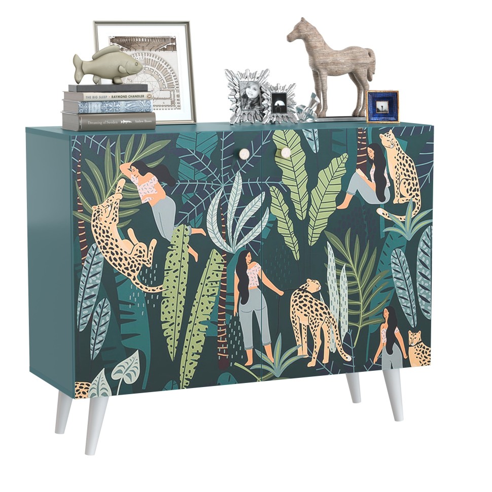 СНЯТО Либера Комод-тумба 16.230.01, цвет бензин/белый, ШхГхВ 115,3х42,6х92,3 см., фасады с рисунком Тропический лес, две дверки