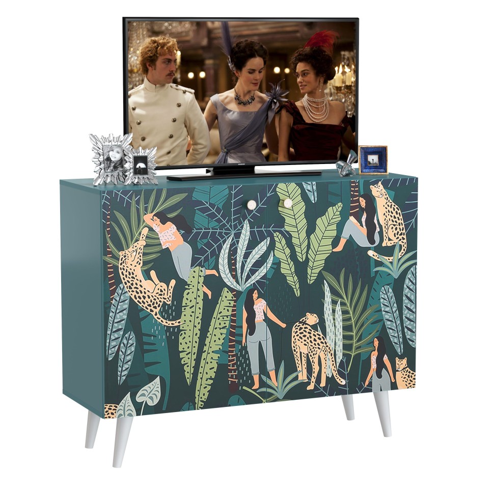 СНЯТО Либера Комод-тумба 16.230.01, цвет бензин/белый, ШхГхВ 115,3х42,6х92,3 см., фасады с рисунком Тропический лес, две дверки