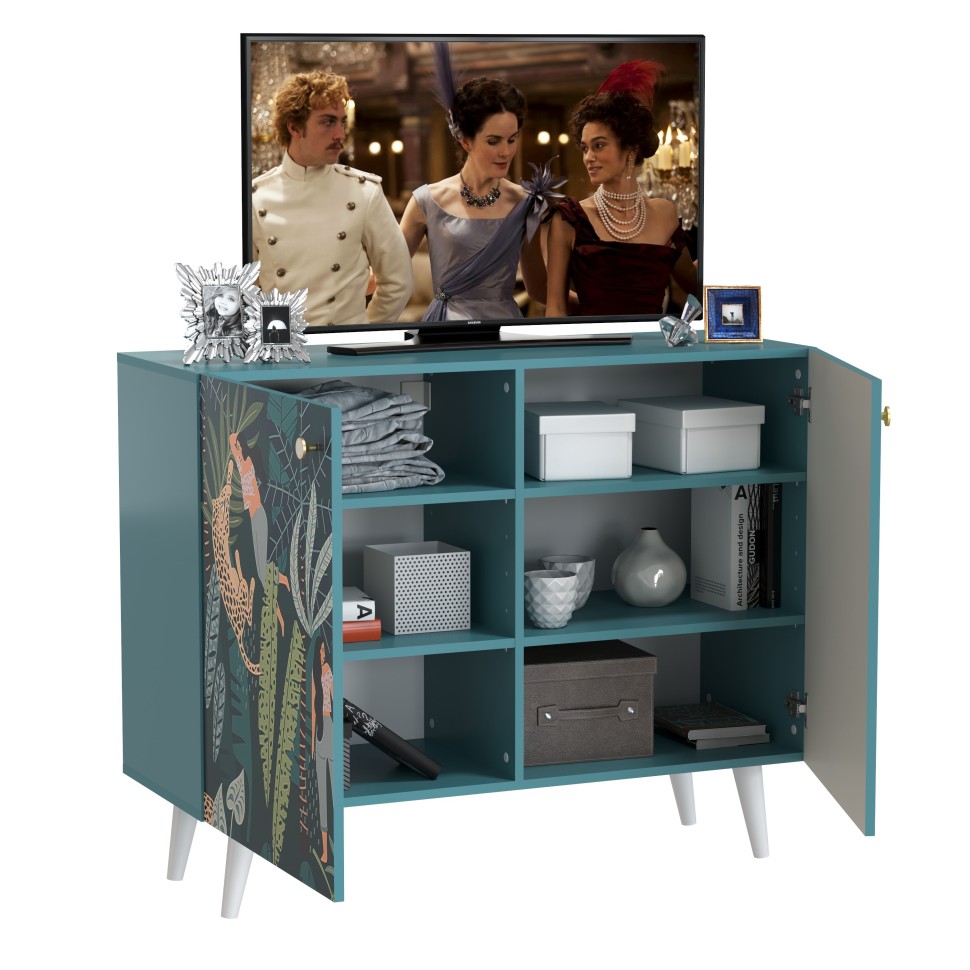 СНЯТО Либера Комод-тумба 16.230.01, цвет бензин/белый, ШхГхВ 115,3х42,6х92,3 см., фасады с рисунком Тропический лес, две дверки