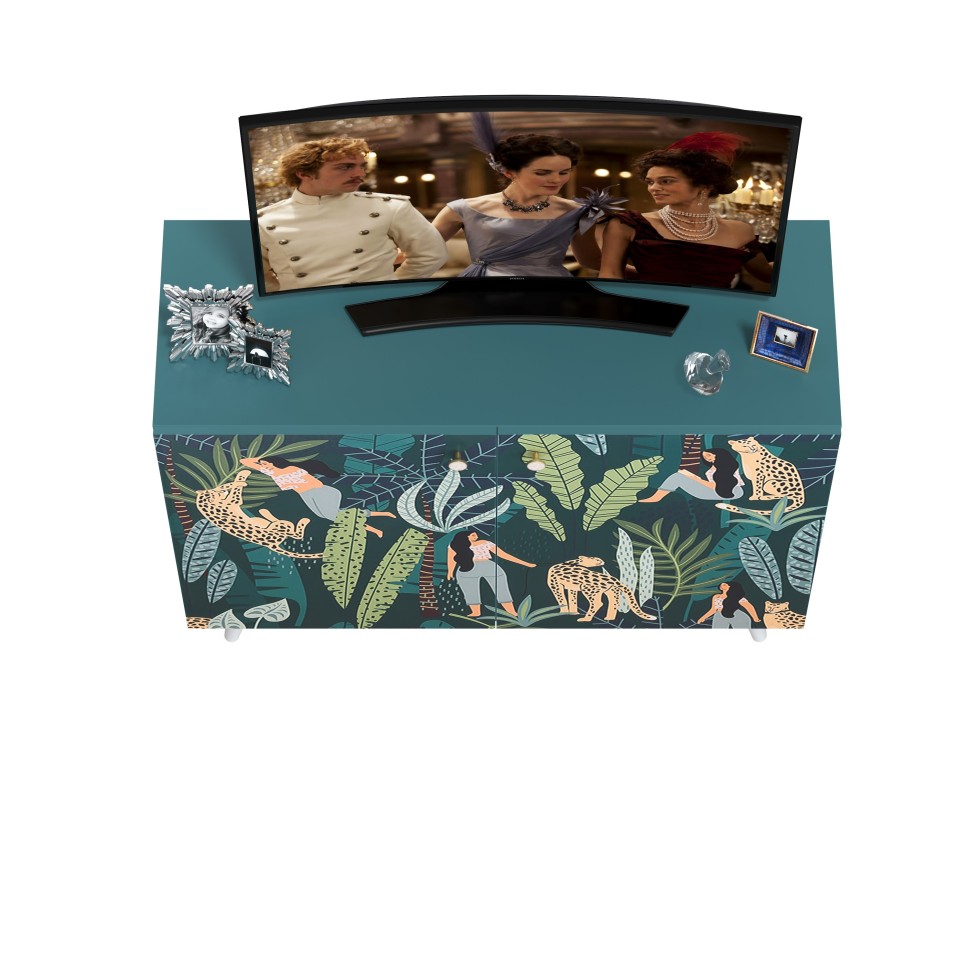 СНЯТО Либера Комод-тумба 16.230.01, цвет бензин/белый, ШхГхВ 115,3х42,6х92,3 см., фасады с рисунком Тропический лес, две дверки