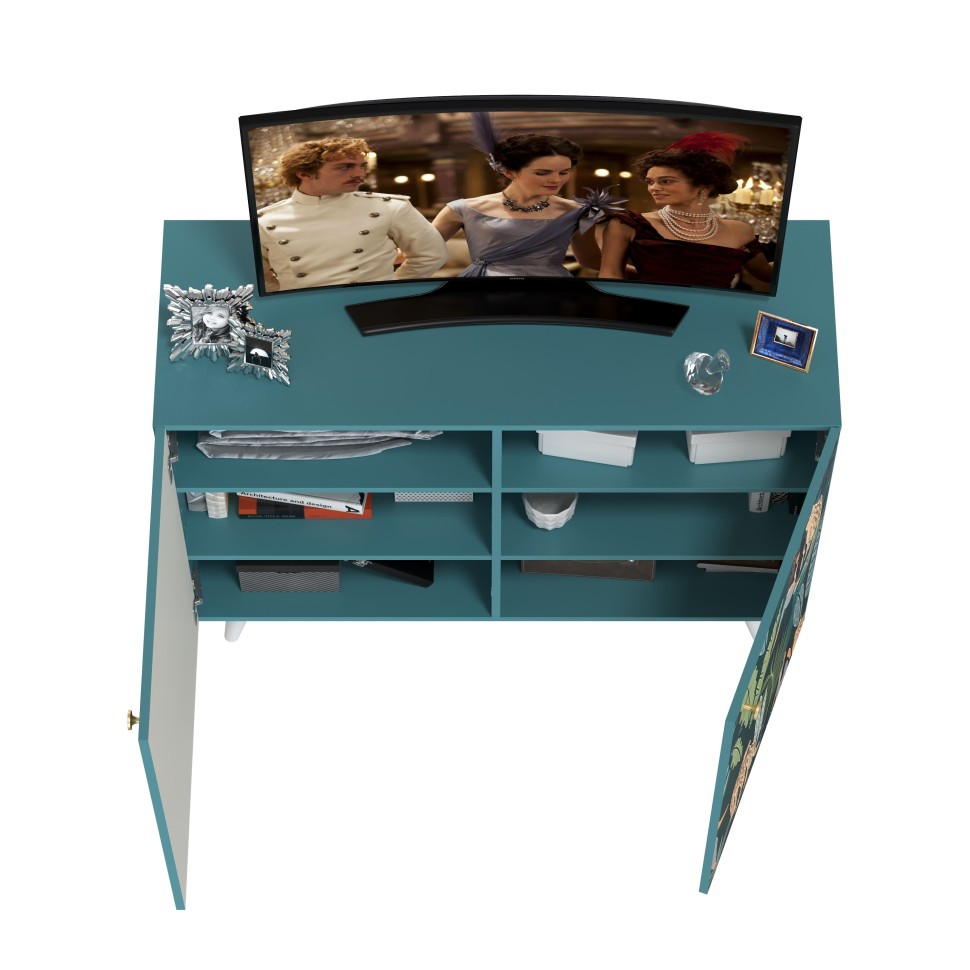 СНЯТО Либера Комод-тумба 16.230.01, цвет бензин/белый, ШхГхВ 115,3х42,6х92,3 см., фасады с рисунком Тропический лес, две дверки