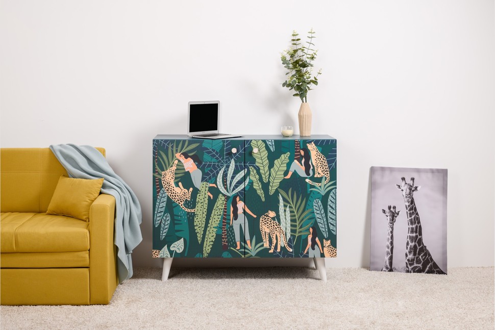 СНЯТО Либера Комод-тумба 16.230.01, цвет бензин/белый, ШхГхВ 115,3х42,6х92,3 см., фасады с рисунком Тропический лес, две дверки