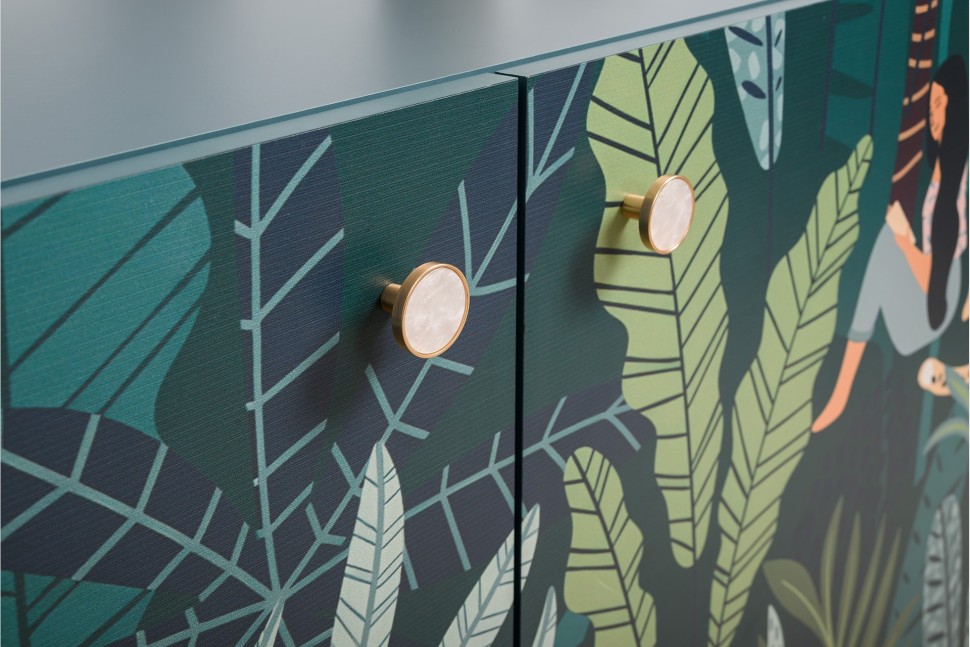 СНЯТО Либера Комод-тумба 16.230.01, цвет бензин/белый, ШхГхВ 115,3х42,6х92,3 см., фасады с рисунком Тропический лес, две дверки