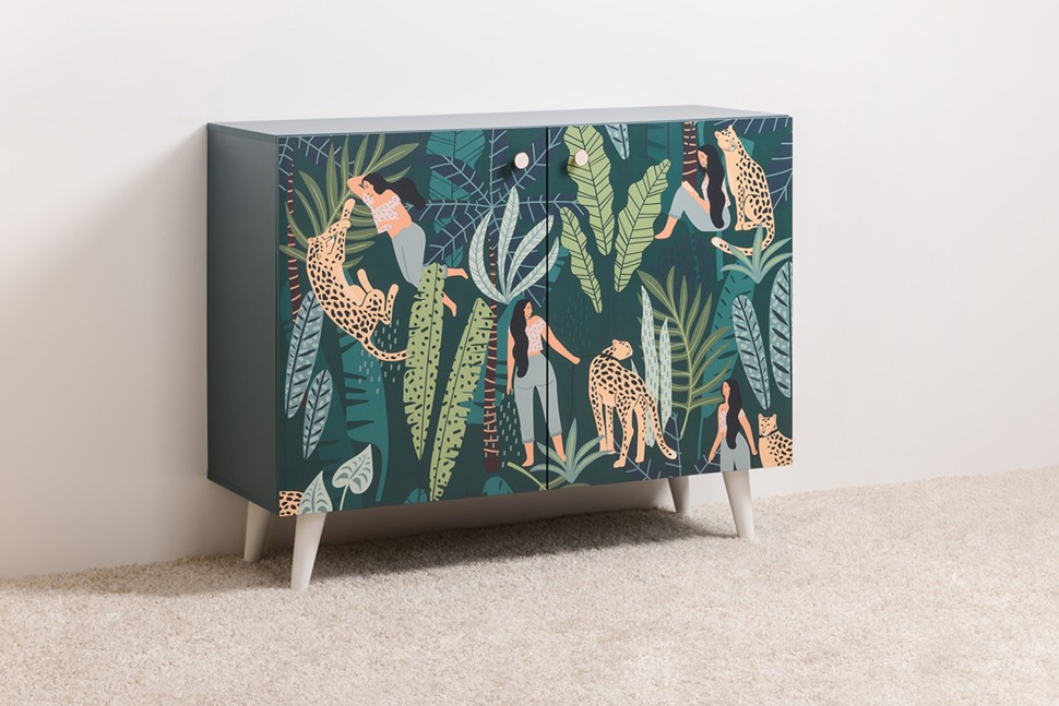 СНЯТО Либера Комод-тумба 16.230.01, цвет бензин/белый, ШхГхВ 115,3х42,6х92,3 см., фасады с рисунком Тропический лес, две дверки