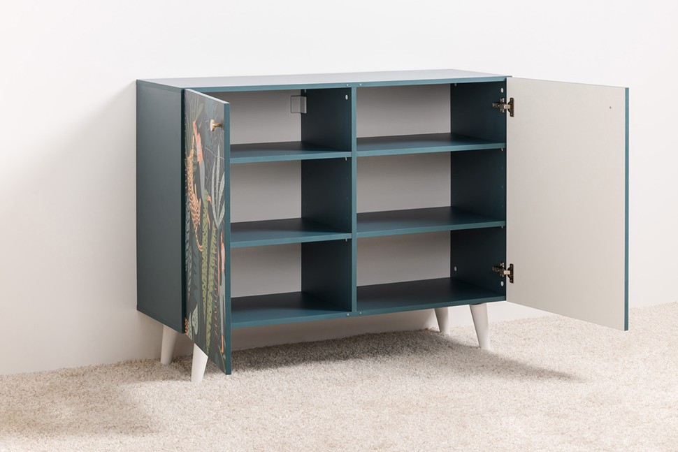 СНЯТО Либера Комод-тумба 16.230.01, цвет бензин/белый, ШхГхВ 115,3х42,6х92,3 см., фасады с рисунком Тропический лес, две дверки