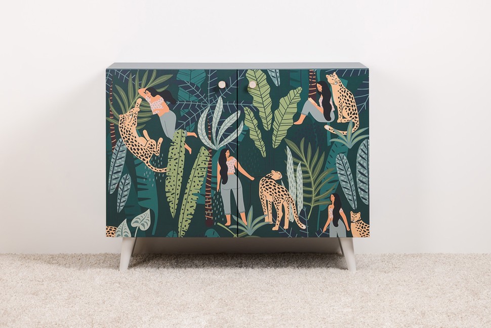 СНЯТО Либера Комод-тумба 16.230.01, цвет бензин/белый, ШхГхВ 115,3х42,6х92,3 см., фасады с рисунком Тропический лес, две дверки