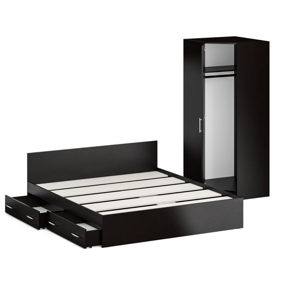 Кровать с ящиками 1800 + Шкаф угловой Стандарт, цвет венге, ШхГхВ 183,5х203,5х70 + 81,2х81,2х200 см., сп.м. 1800х2000 мм., без матраса, основание есть