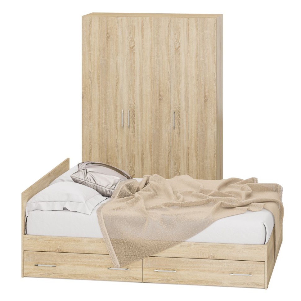 Спальня Стандарт 1-1600Я, цвет дуб сонома, ШхГхВ 163,5х203,5х70 + 135х52х200 см., сп.м. 1600х2000 мм., без матраса, основание есть