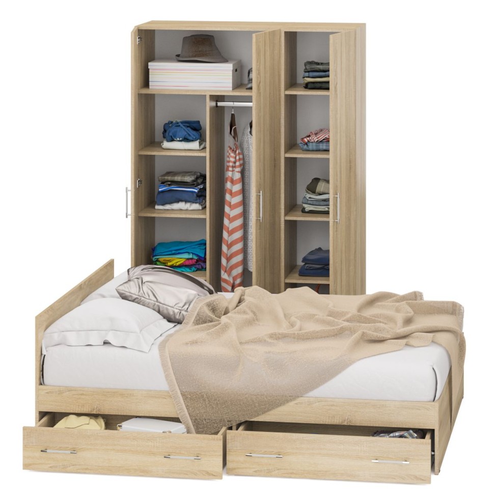 Спальня Стандарт 1-1600Я, цвет дуб сонома, ШхГхВ 163,5х203,5х70 + 135х52х200 см., сп.м. 1600х2000 мм., без матраса, основание есть