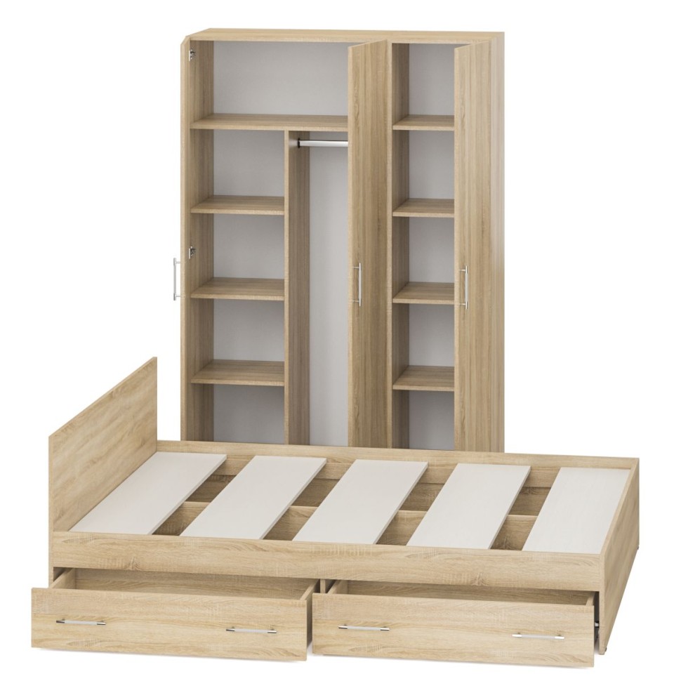 Спальня Стандарт 1-1600Я, цвет дуб сонома, ШхГхВ 163,5х203,5х70 + 135х52х200 см., сп.м. 1600х2000 мм., без матраса, основание есть