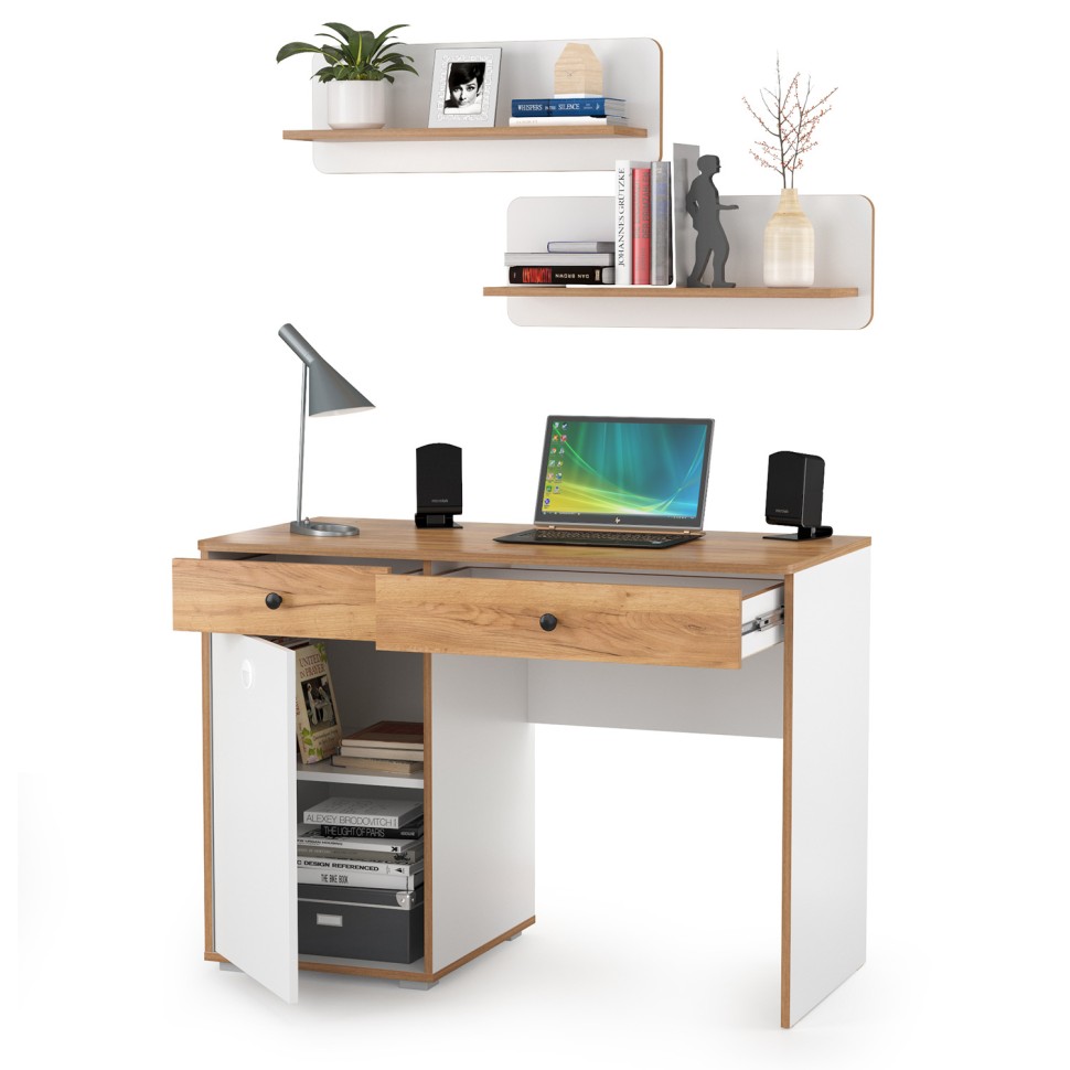 Вуди Стол письменный 12.42 + 2хПолка 15.46, цвет белый премиум/дуб крафт золотой, ШхГхВ 110х52,7х180 см., универсальная сборка
