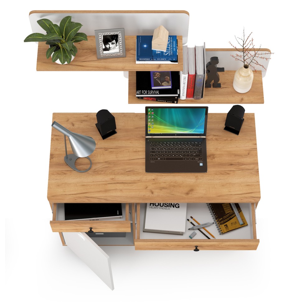 Вуди Стол письменный 12.42 + 2хПолка 15.46, цвет белый премиум/дуб крафт золотой, ШхГхВ 110х52,7х180 см., универсальная сборка