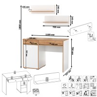 Вуди Стол письменный 12.42 + 2хПолка 15.46, цвет белый премиум/дуб крафт золотой, ШхГхВ 110х52,7х180 см., универсальная сборка