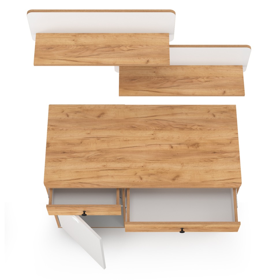 Вуди Стол письменный 12.42 + 2хПолка 15.46, цвет белый премиум/дуб крафт золотой, ШхГхВ 110х52,7х180 см., универсальная сборка