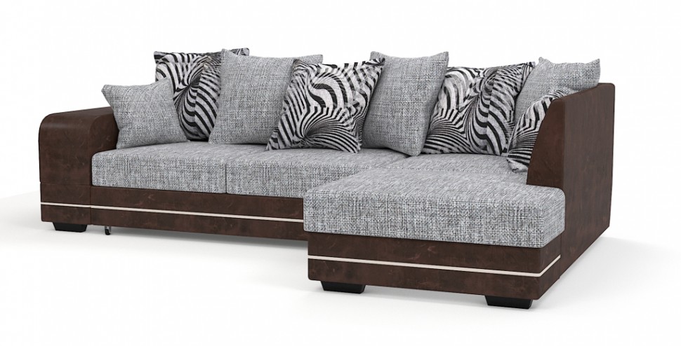 Диван угловой Дубай Люкс экокожа коричневый + рогожка серый + зебра
