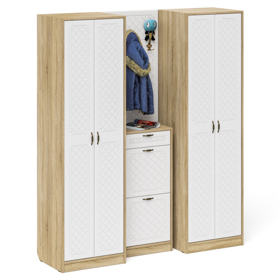 Прихожая П-6 Компоновка № 15, цвет дуб сонома/фасады МДФ белое дерево фрезеровка ромб, ШхГхВ 180х50х210 см., универсальная сборка