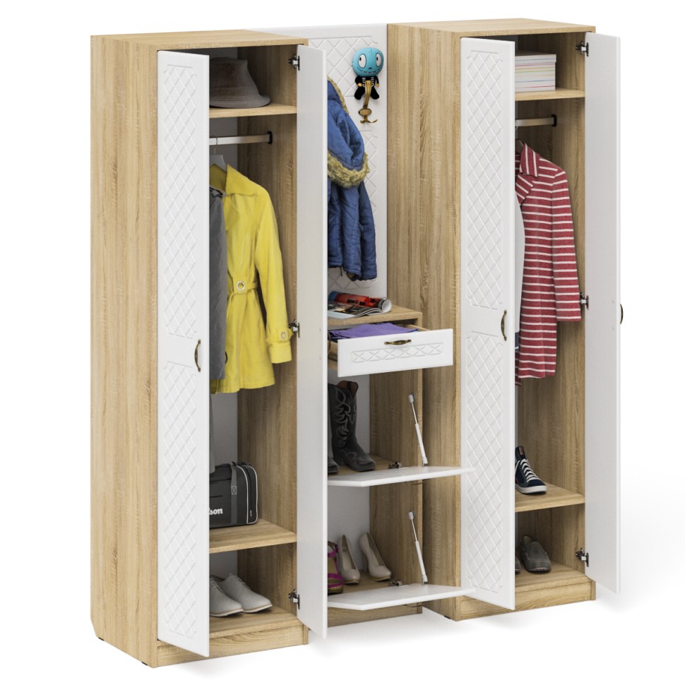 Прихожая П-6 Компоновка № 15, цвет дуб сонома/фасады МДФ белое дерево фрезеровка ромб, ШхГхВ 180х50х210 см., универсальная сборка