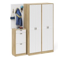 Прихожая П-6 Компоновка № 15, цвет дуб сонома/фасады МДФ белое дерево фрезеровка ромб, ШхГхВ 180х50х210 см., универсальная сборка