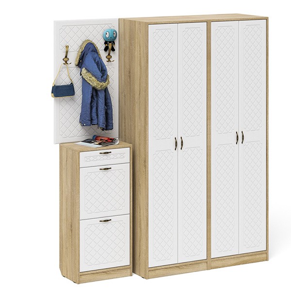 Прихожая П-6 Компоновка № 15, цвет дуб сонома/фасады МДФ белое дерево фрезеровка ромб, ШхГхВ 180х50х210 см., универсальная сборка