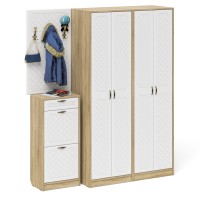 Прихожая П-6 Компоновка № 15, цвет дуб сонома/фасады МДФ белое дерево фрезеровка ромб, ШхГхВ 180х50х210 см., универсальная сборка