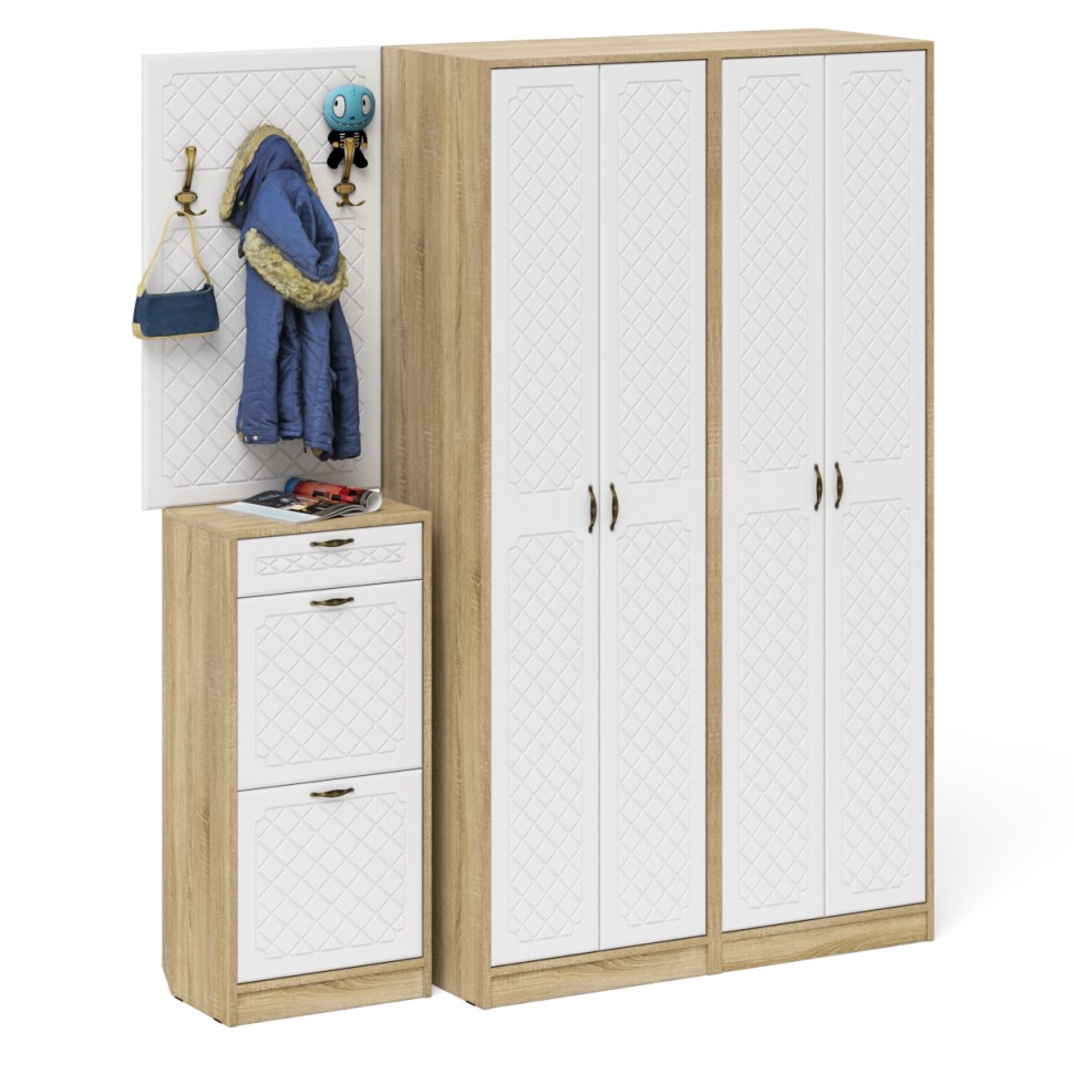 Прихожая П-6 Компоновка № 15, цвет дуб сонома/фасады МДФ белое дерево фрезеровка ромб, ШхГхВ 180х50х210 см., универсальная сборка