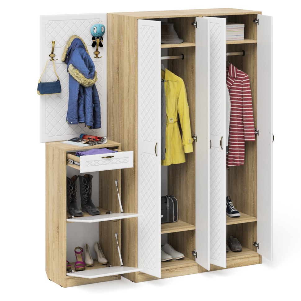 Прихожая П-6 Компоновка № 15, цвет дуб сонома/фасады МДФ белое дерево фрезеровка ромб, ШхГхВ 180х50х210 см., универсальная сборка