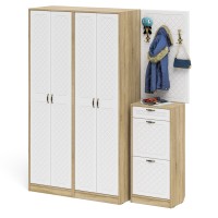 Прихожая П-6 Компоновка № 15, цвет дуб сонома/фасады МДФ белое дерево фрезеровка ромб, ШхГхВ 180х50х210 см., универсальная сборка