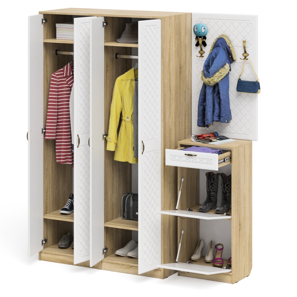 Прихожая П-6 Компоновка № 15, цвет дуб сонома/фасады МДФ белое дерево фрезеровка ромб, ШхГхВ 180х50х210 см., универсальная сборка