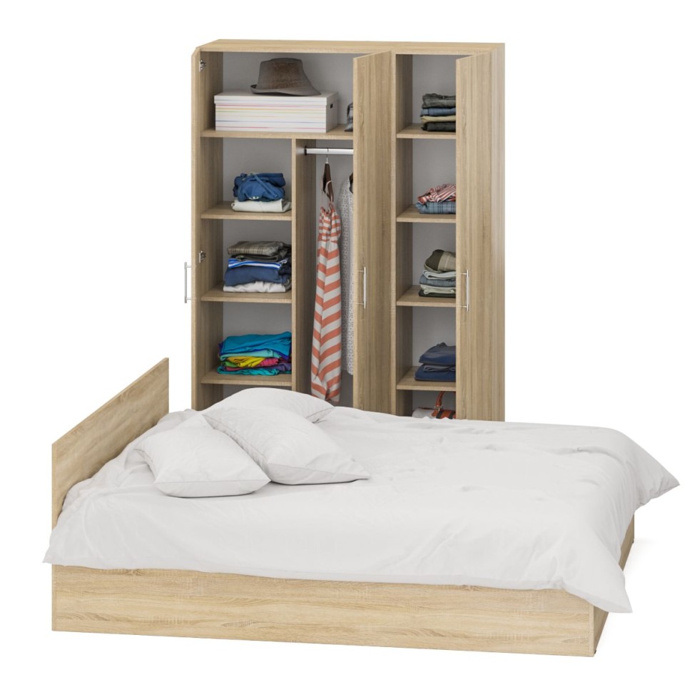 Спальня Стандарт 1-1800, цвет дуб сонома, ШхГхВ 183,5х203,5х70 + 135х52х200 см., сп.м. 1800х2000 мм., без матраса, основание есть