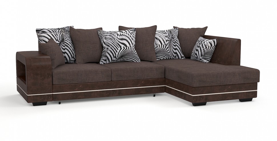 Диван угловой Дубай Люкс экокожа коричневый + рогожка коричневый + зебра