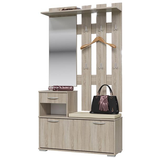 Лира ГК Прихожая 1 2-0714+2-3814 Тумба под обувь + Вешалка с зеркалом, цвет дуб сонома, ШхГхВ 100х33х185 см., универсальная сборка
