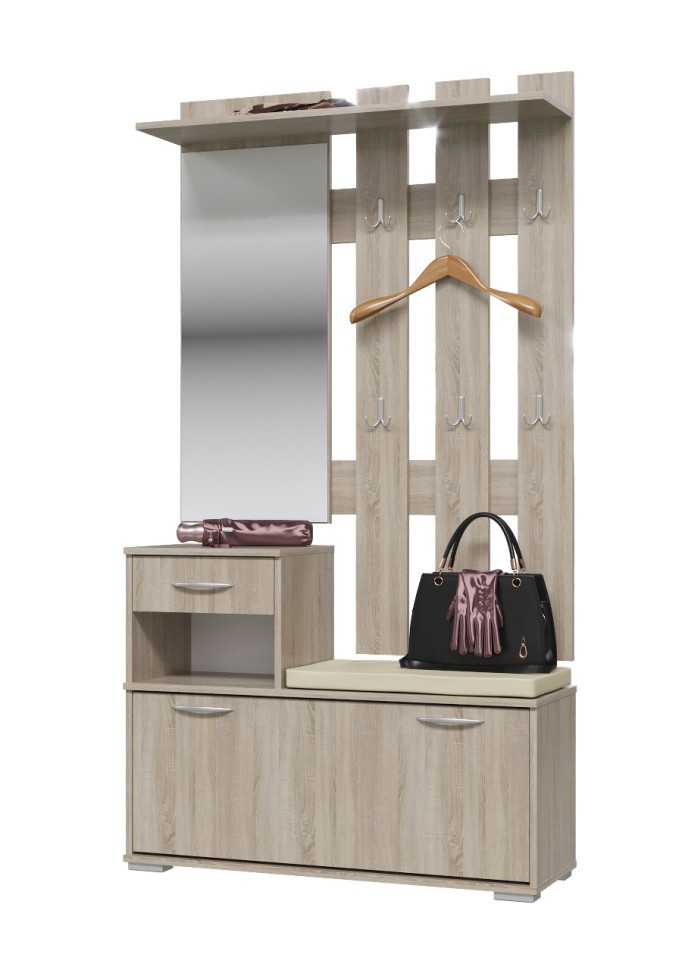 Лира ГК Прихожая 1 2-0714+2-3814 Тумба под обувь + Вешалка с зеркалом, цвет дуб сонома, ШхГхВ 100х33х185 см., универсальная сборка