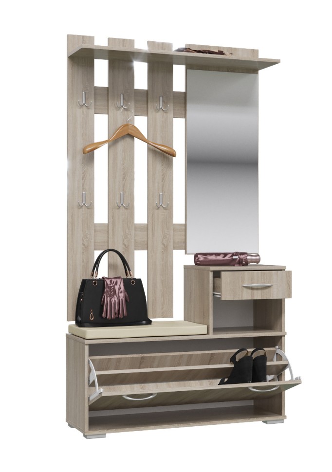 Лира ГК Прихожая 1 2-0714+2-3814 Тумба под обувь + Вешалка с зеркалом, цвет дуб сонома, ШхГхВ 100х33х185 см., универсальная сборка
