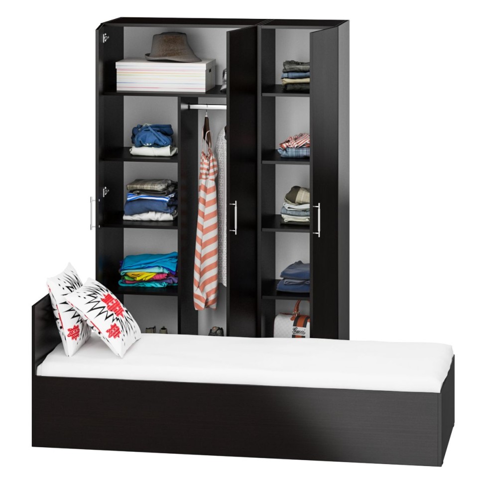 Спальня Стандарт 1-0800, цвет венге, ШхГхВ 83,5х203,5х70 + 135х52х200 см., сп.м. 800х2000 мм., без матраса, основание есть