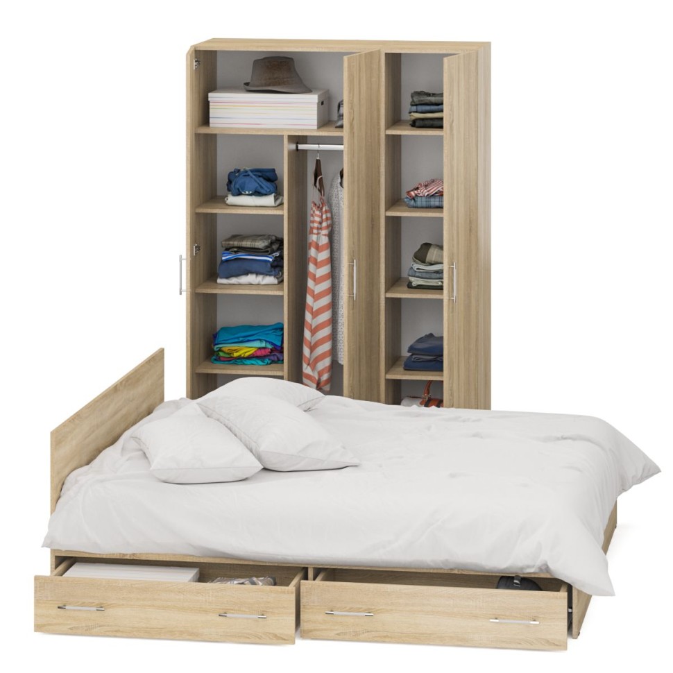 Спальня Стандарт 1-1800Я, цвет дуб сонома, ШхГхВ 183,5х203,5х70 + 135х52х200 см., сп.м. 1800х2000 мм., без матраса, основание есть