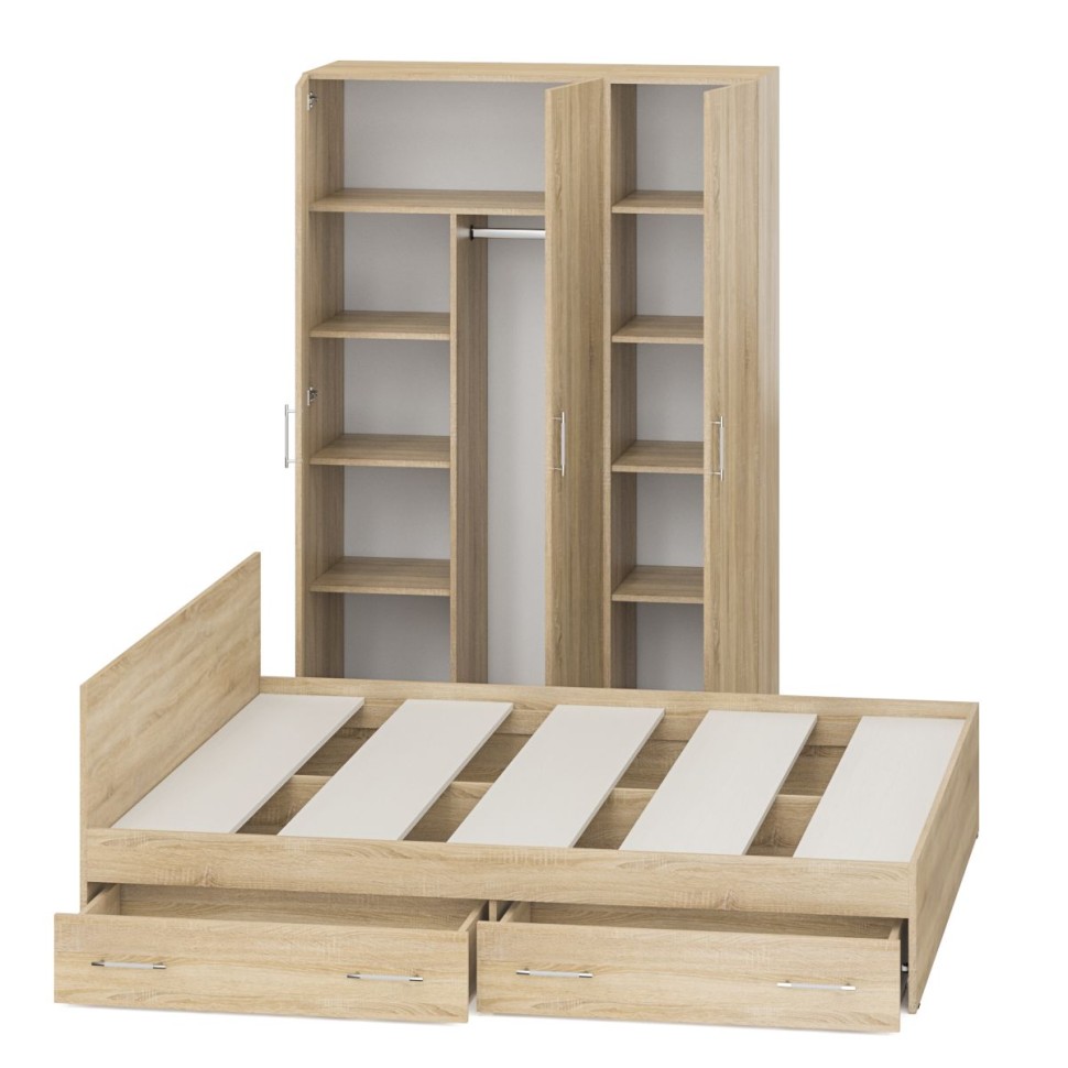 Спальня Стандарт 1-1800Я, цвет дуб сонома, ШхГхВ 183,5х203,5х70 + 135х52х200 см., сп.м. 1800х2000 мм., без матраса, основание есть