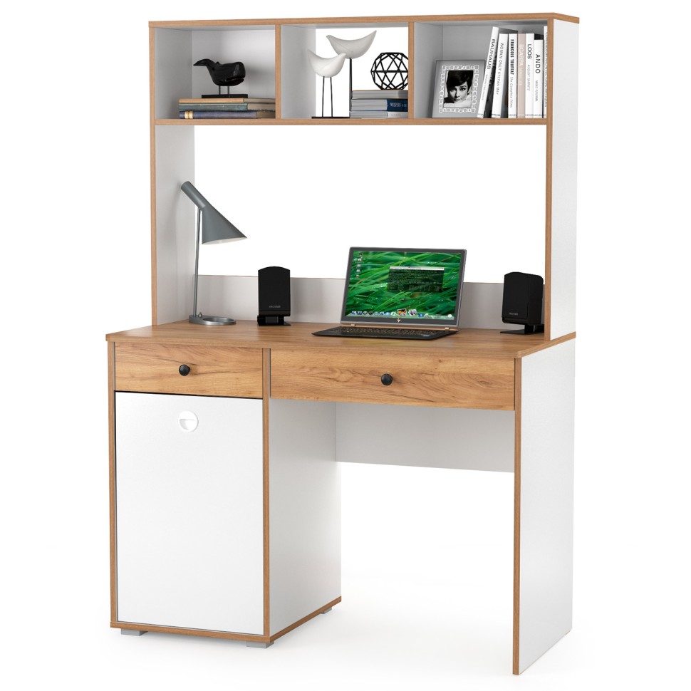 Вуди Стол письменный 12.42 + Надстройка на стол 13.161, цвет белый премиум/дуб крафт золотой, ШхГхВ 110х52,7х158,7 см., универсальная сборка