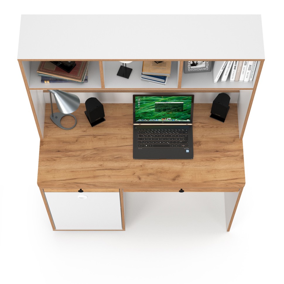 Вуди Стол письменный 12.42 + Надстройка на стол 13.161, цвет белый премиум/дуб крафт золотой, ШхГхВ 110х52,7х158,7 см., универсальная сборка