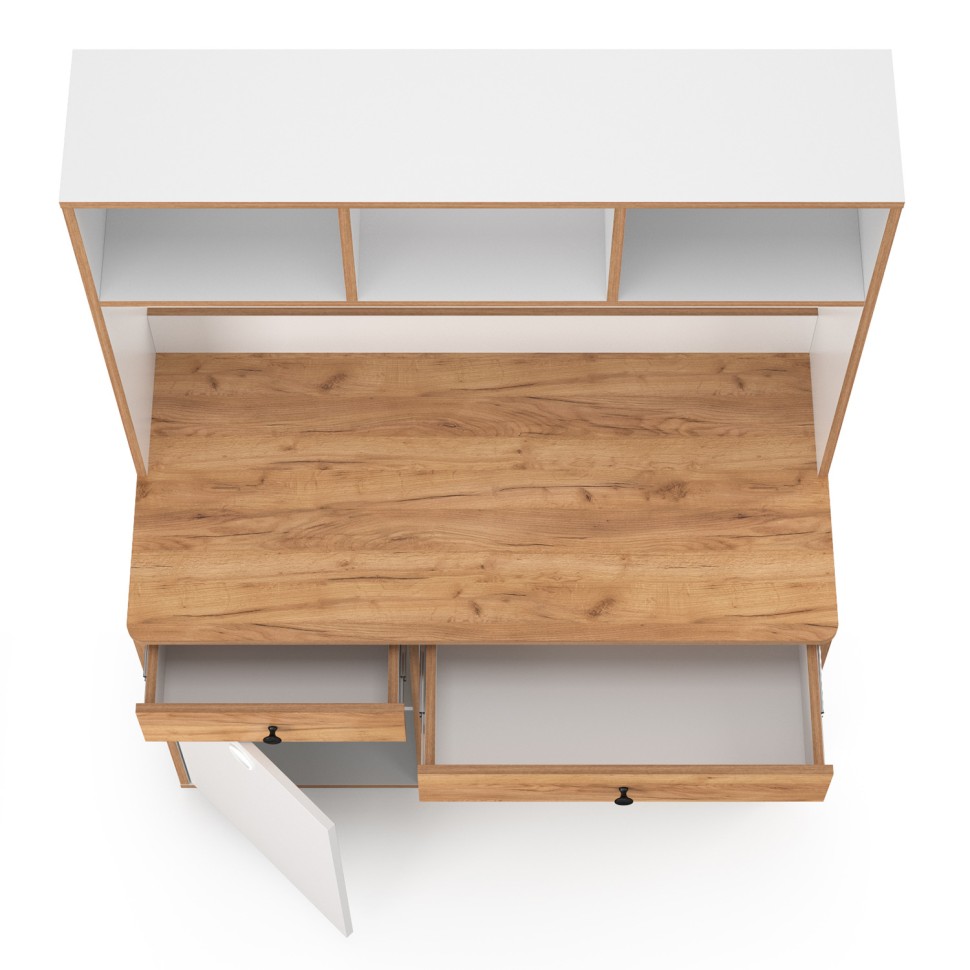 Вуди Стол письменный 12.42 + Надстройка на стол 13.161, цвет белый премиум/дуб крафт золотой, ШхГхВ 110х52,7х158,7 см., универсальная сборка