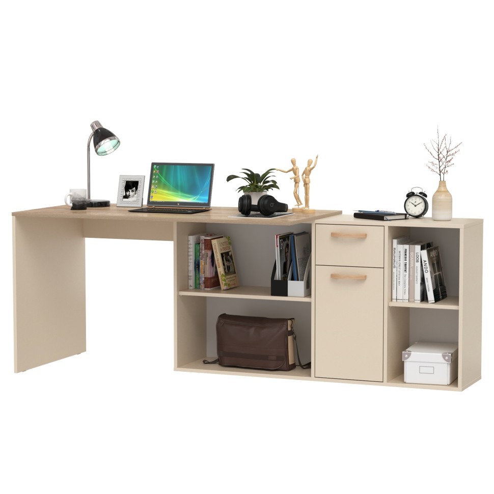 Лайт Стол письменный 03.245F, цвет сатин/дуб эндгрейн элегантный, ШхГхВ 136х139,2х75,2 см.(угловой) или 203,5х68х75,2 см.(прямой), универс. сборка