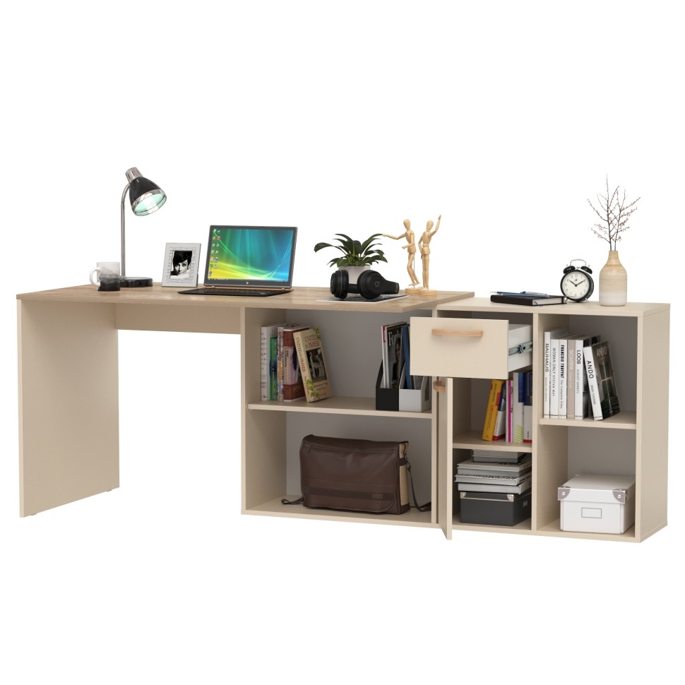 Лайт Стол письменный 03.245F, цвет сатин/дуб эндгрейн элегантный, ШхГхВ 136х139,2х75,2 см.(угловой) или 203,5х68х75,2 см.(прямой), универс. сборка