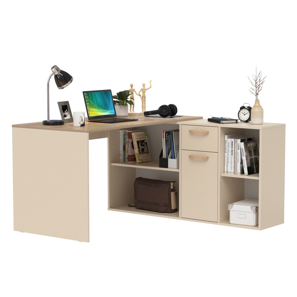 Лайт Стол письменный 03.245F, цвет сатин/дуб эндгрейн элегантный, ШхГхВ 136х139,2х75,2 см.(угловой) или 203,5х68х75,2 см.(прямой), универс. сборка